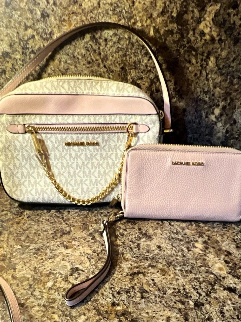 Michael Kors Pink and White Signature Crossbody with Matching Pink Wristlet